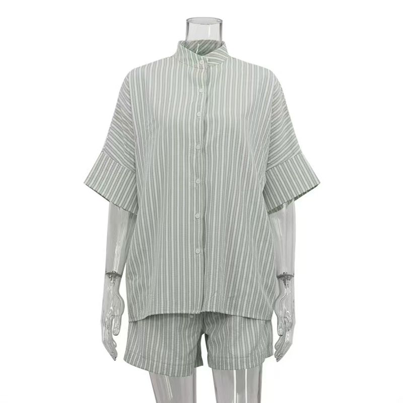 

Fashion New Arrival Stand Collar Short Sleeve Stripes Shirt Loose Shorts Suit Striped Shirt Shorts Set Green L