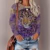 Womens Loose Fit Long Sleeve Round Neck Tee With 3D Peacock Cat Print - Milk Silk Fabric 2025 Casual Top