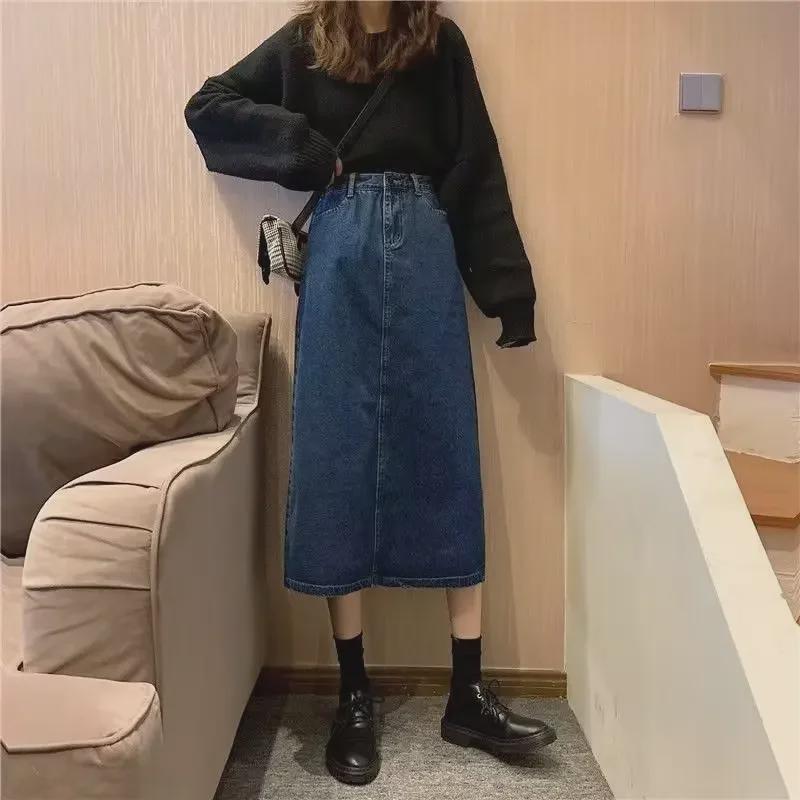 2023 New Women's High Waist A-Line Denim Skirt - Mid-Length, Retro Korean Winter Style