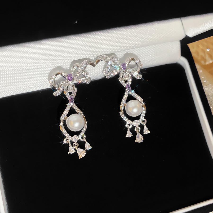 18K Real Gold Electroplated Silver Needle Zircon Bow Water Drop Fringed Stud Earrings, Ins Light Luxury Exquisite High-end Earrings for Women