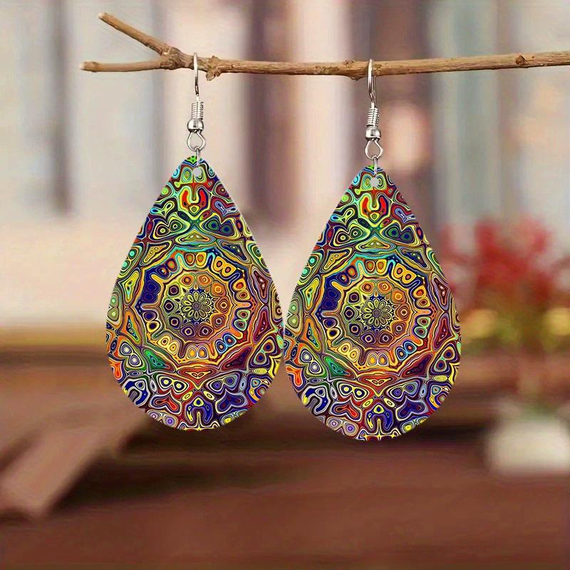 Bohemian Ethnic Style Wooden Water Drop Earrings Art and Culture Print Minimalist Dangle Earrings Fashion Jewelry Gift for Women