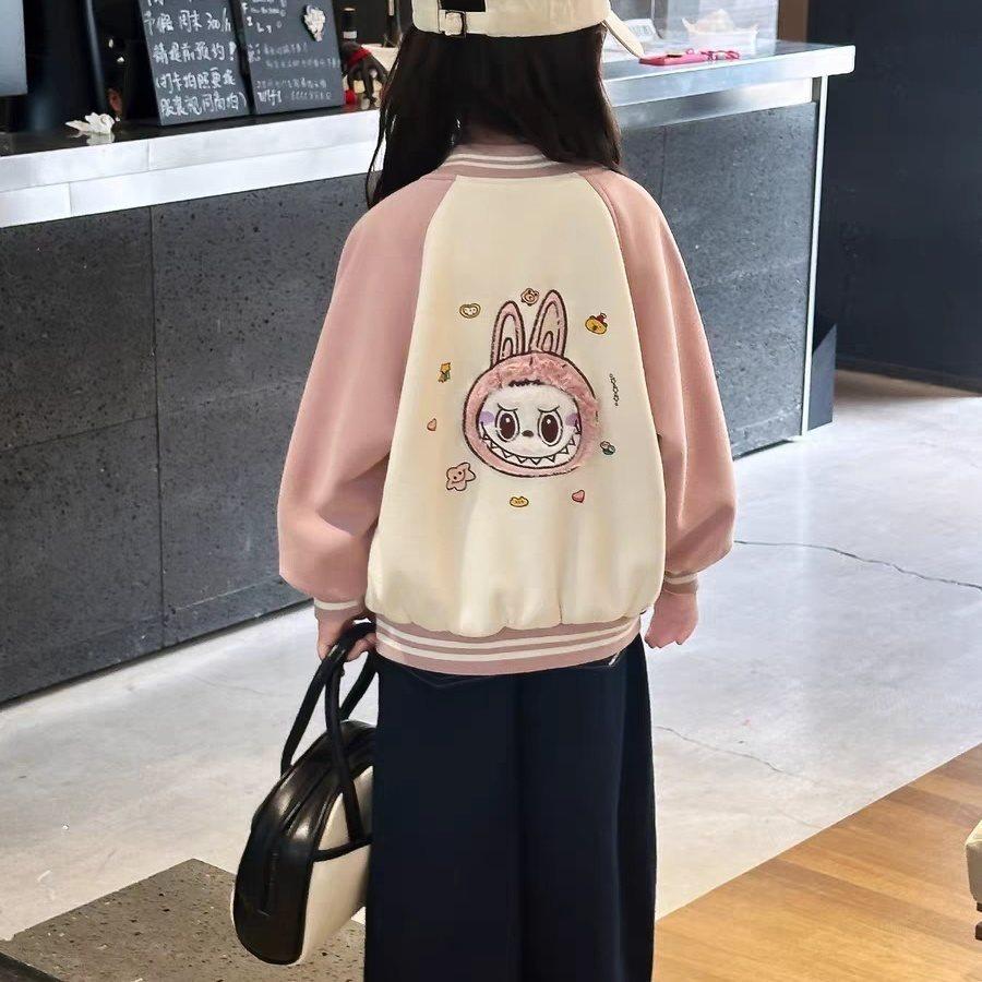 Girls Fleece Lined Thick Baseball Jacket Cute Cartoon Loose Fit for Autumn Winter