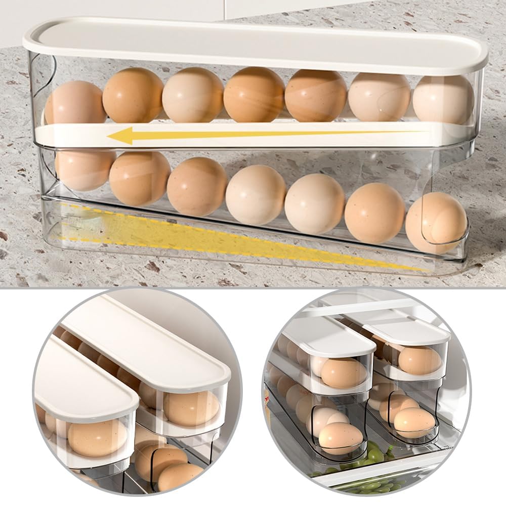 Egg Holder, Automatic Rolling Egg Case, Transparent Double-Layer Egg Storage Case, Large Capacity, Refrigerator Storage Case, Space-Saving