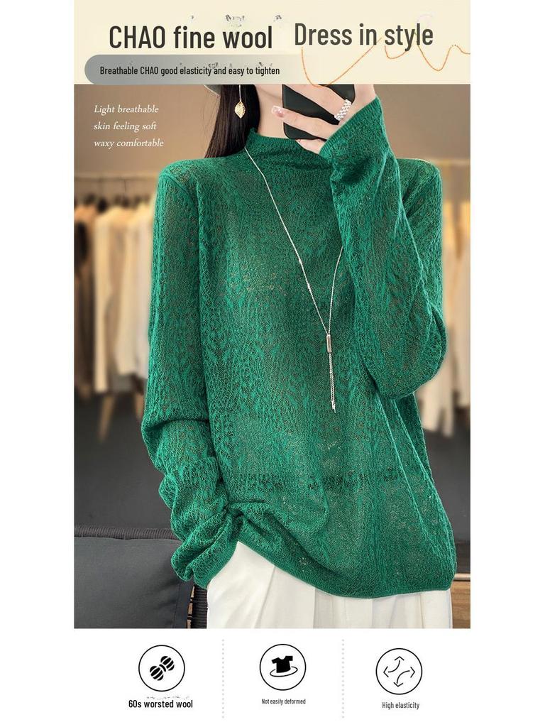 2025 Spring Worsted Wool Knit Sweater: Half-High Neck, Long Sleeve, Floral Hollow Design Pullover