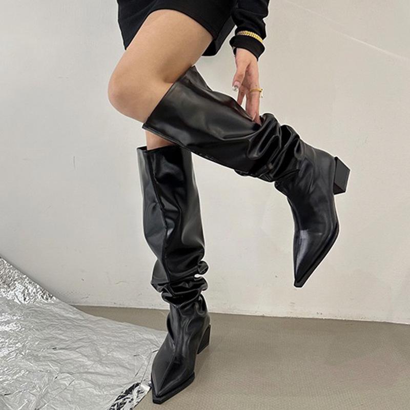 Large tube pleated pile boots women s boots season women s boots pointed boots thick heel boots 35