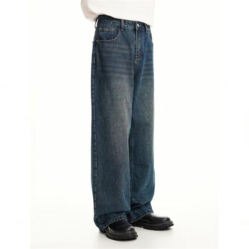 Men's Retro Distressed Wide-Leg Jeans - High Street Fashion, Loose, Straight, Floor-Length.