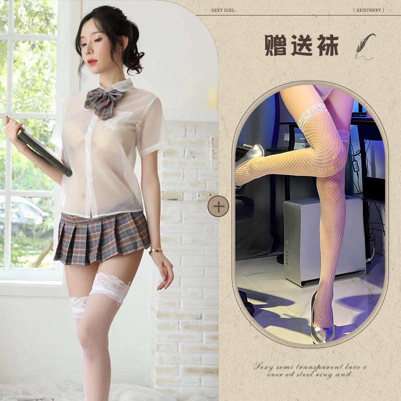 Sexy lingerie girls' school wear transparent shirt short skirt girls' uniform suit pure and sweet temptation tight