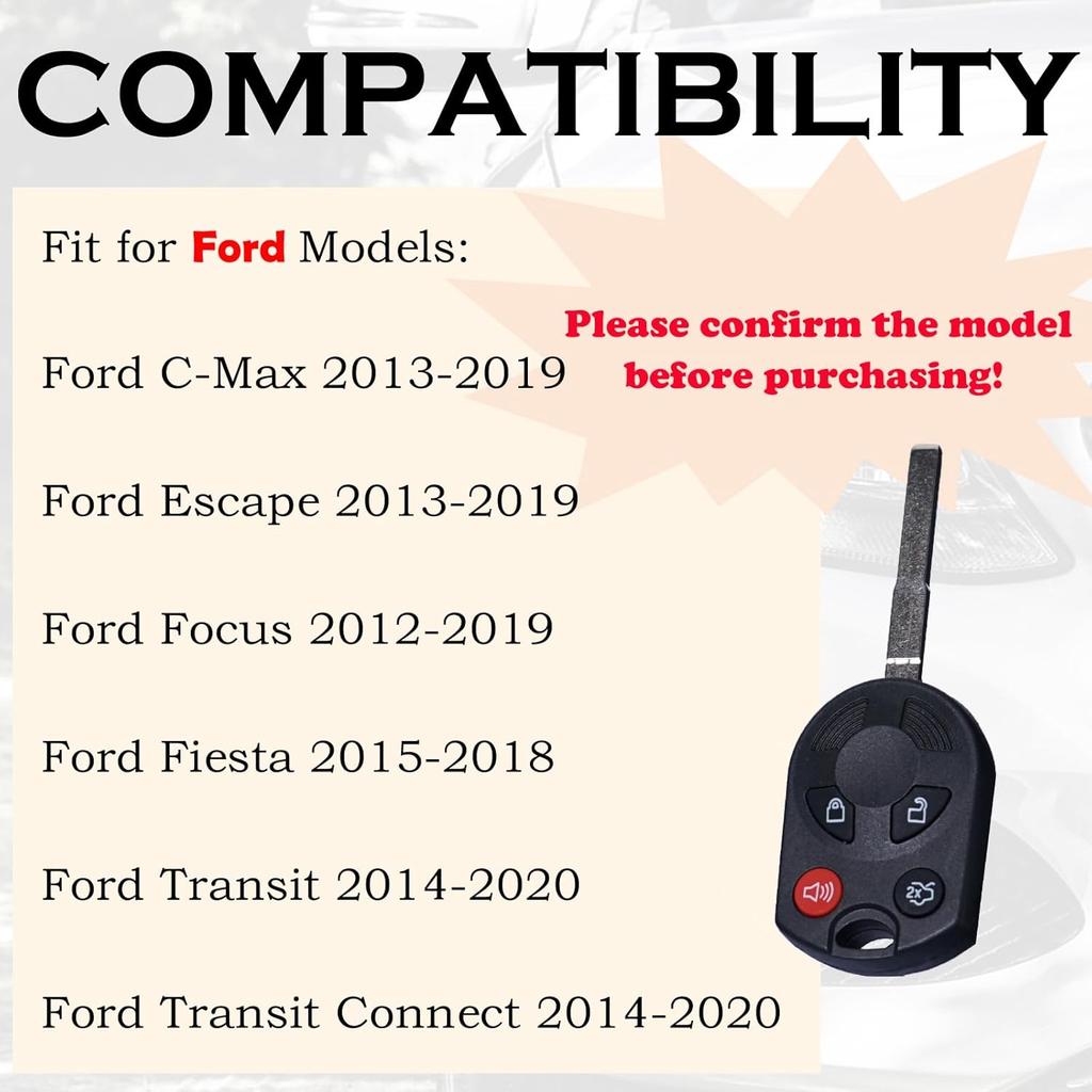 Keyless Entry Remote Control Head Key Fob Replacement Fits for Ford Focus 2012 2013 2014 2015 2016 2017 2018 C-MAX Escape Fiesta 2015-2018 Transit