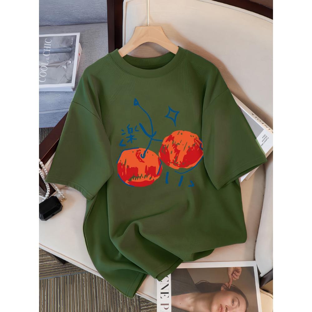 Cherry Pattern Printed Women's T-shirt Casual Sports Round Neck Short Sleeved Breathable Summer T-shirt Street New Clothing
