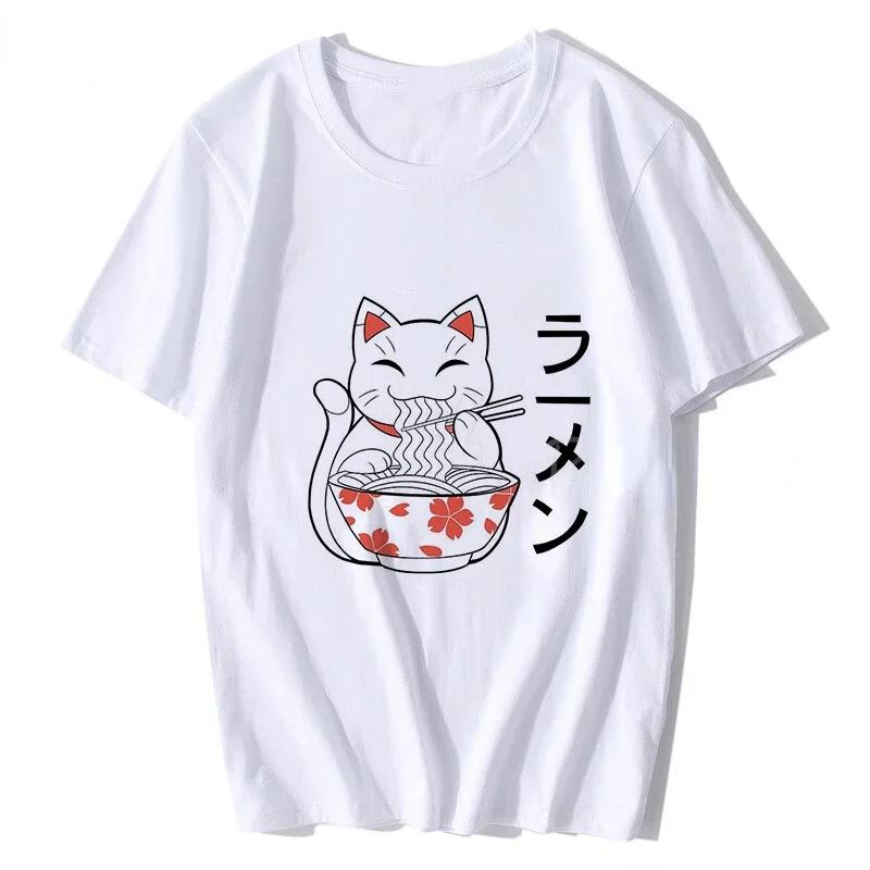 Japanese Cat Anime Neko RaUnisex T Shirt Unisex Women Aesthetic Loose Breathable Vintage Tshirt Harajuku Streetwear Camisetas Hombre