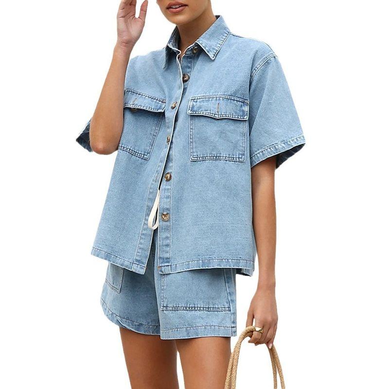 Cross-Border 2025 Summer European and American Foreign Trade Women Clothes Casual Loose Pocket Short Sleeve Shirt Shorts Denim Two-piece Suit