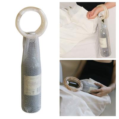 Red Wine Cup Bag Portable Shiny Rhinestones Water Bottle Handbag with Resin Handle Hollow Handwoven Mesh Wine Handbag