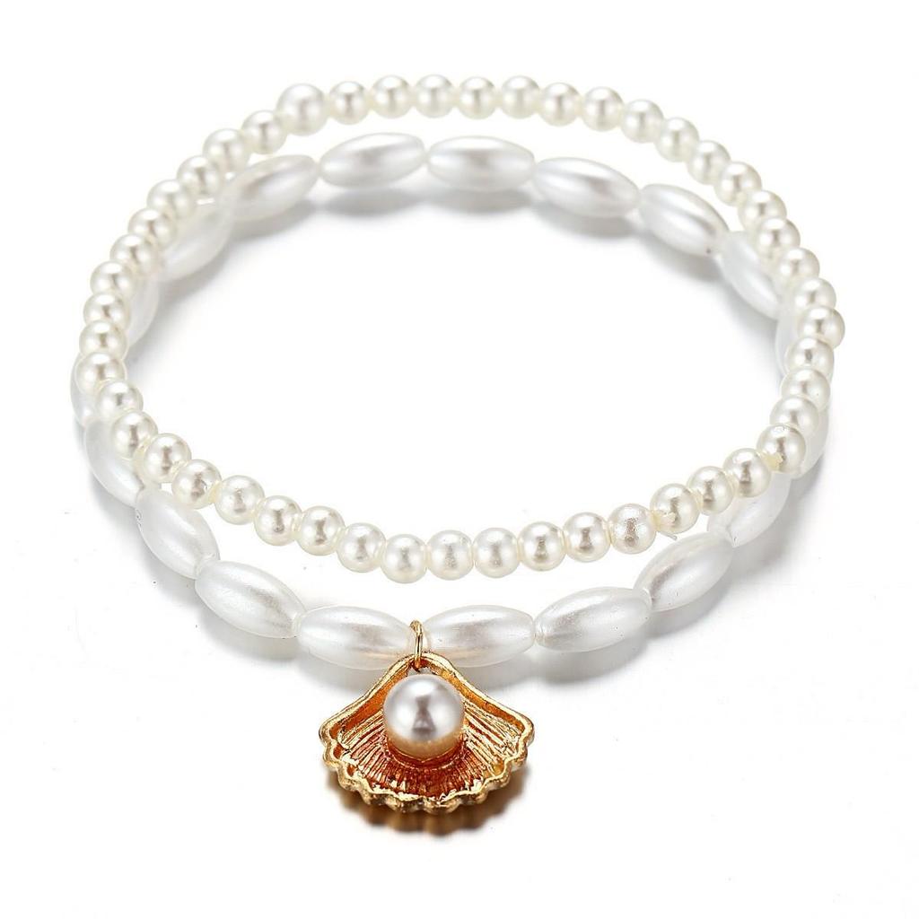 Retro Faux Pearl Shell Pendant Double Layer Anklet for Women - Summer Beach Style Foot Jewelry