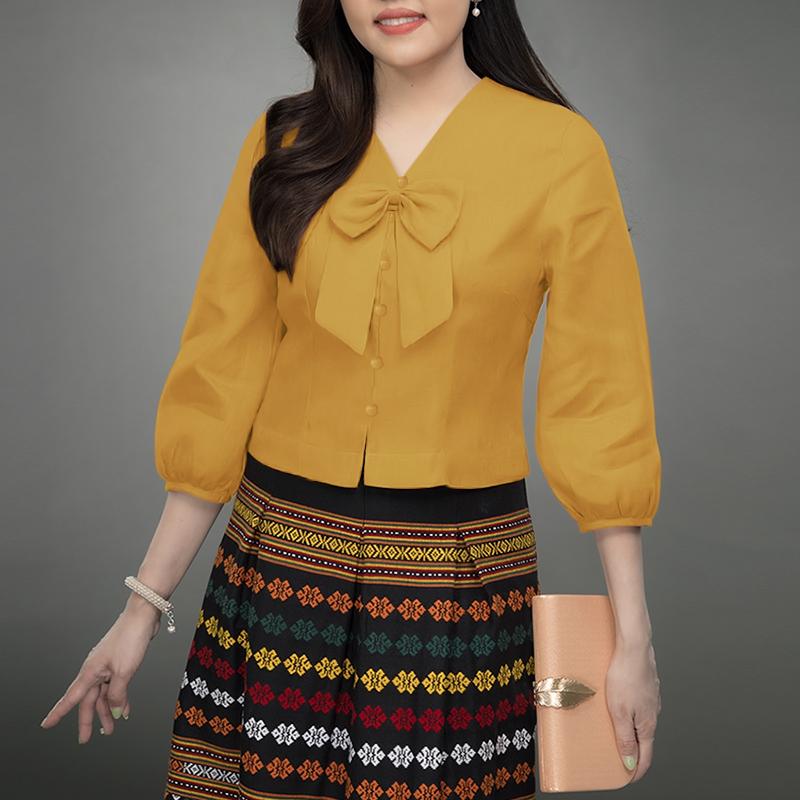 

ZANZEA Women Casual Bows V-Neck Summer 3/4 Sleeve Blouse 5XL жёлтый