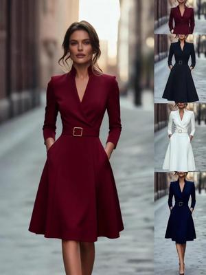 Elegant Waist-Cinching V-Neck Long-Sleeve Dress for Autumn/Winter