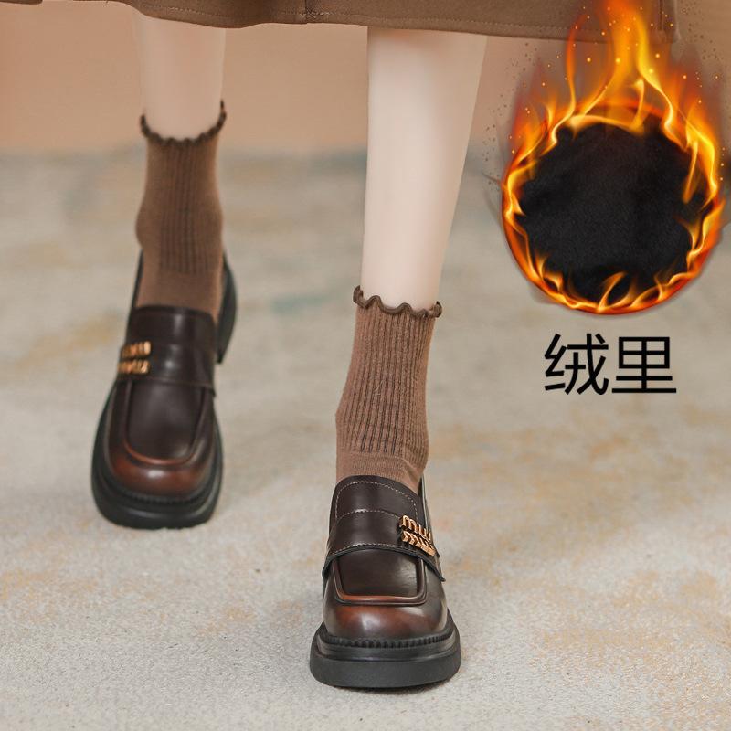 

Brown polished lucky shoes women s leather platform British inner height increase single shoes retro black one-pedal small leather shoes 39