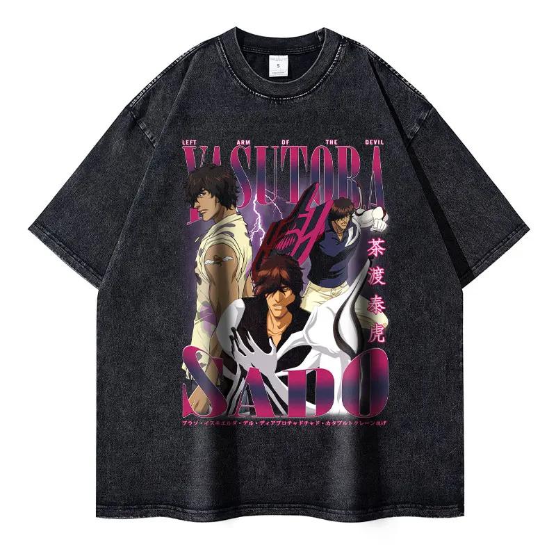Anime Bleach Vintage Washed Tshirt Kurosaki Ichigo T Shirts Oversized Short Sleeve Streetwear Retro Manga Ulquiorra Tops Tees