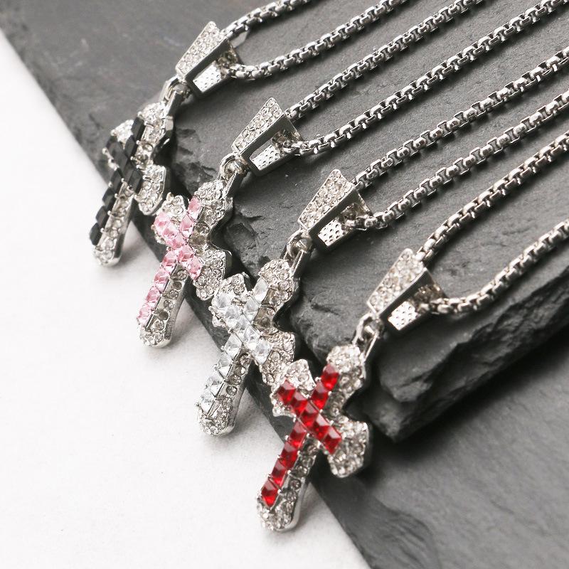 1Pc Fashionable European and American Full Diamond Cross Necklace New Zircon Pendant Hip Hop Trend Personality Versatile Sweater Chain Accessories