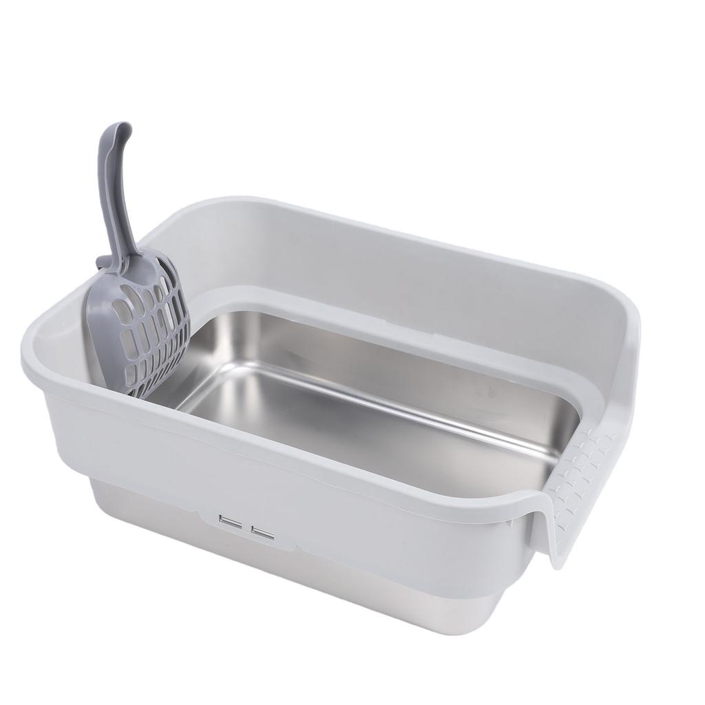 Cat Litter Box Large Size Open Top High Sided Easy Cleaning Stainless Steel Cat Litter Box for Home Light Gray