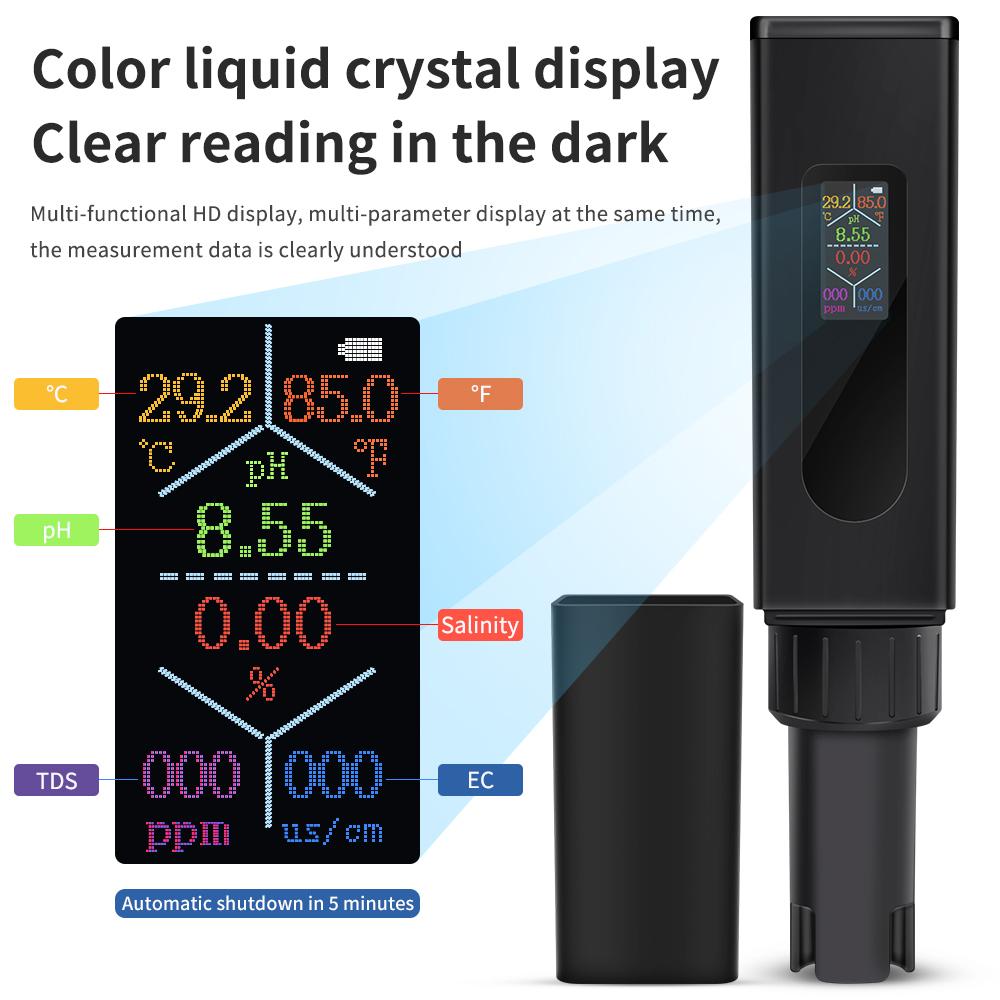 5 In 1 Water Quality Tester Digital PH EC TDS Salinity TEMP Meter TypeC Rechargeable Detector for Drinking Water Aquarium Pool