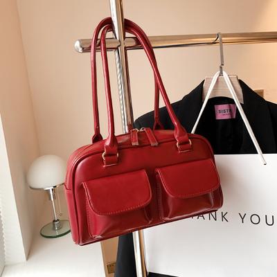 1 Piece Ladies Pure Color PU Shoulder Baseball Bag Fashion Multi-flap Pocket Pants Women's Bag