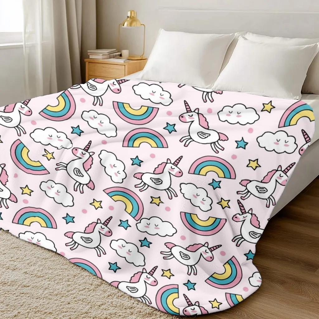 1Pc Cute Rainbow unicorn Print soft Thin Blanket Flannel Decoration Suitable for sofas bedrooms air-conditioned rooms  Gifts