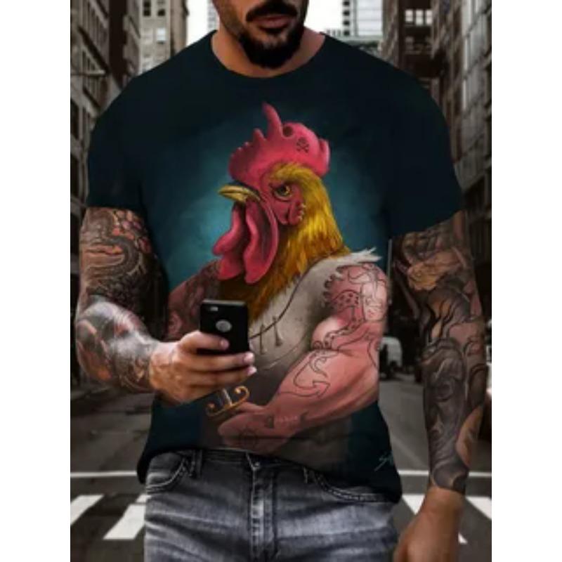 Herr T-shirt med tecknad anime-stil, 3D-tryckt, rund hals, kort ärm, lös, vardaglig, bekväm, sommar