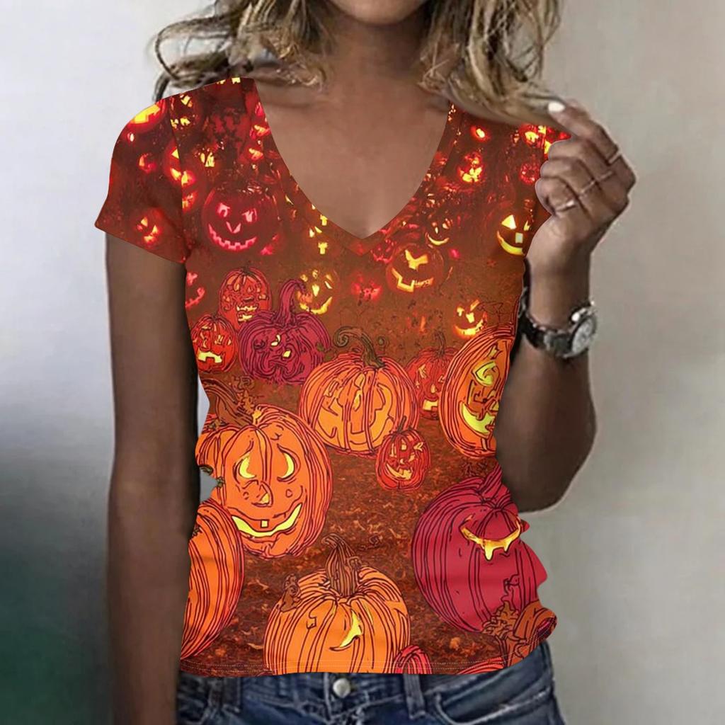 Women's V-Neck Halloween Print Lightweight Blouse for Spring and Summer
