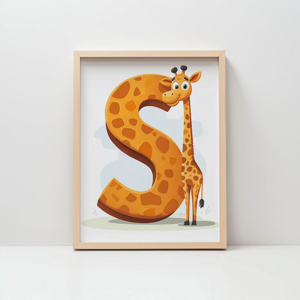 Plakat Wesoła Żyrafa Przy Literze S Plakat Wesoła Żyrafa Przy Literze S, 30X40 Cm, Rama Drewniana Jasny Dąb, Papier Matowy 230 Gsm