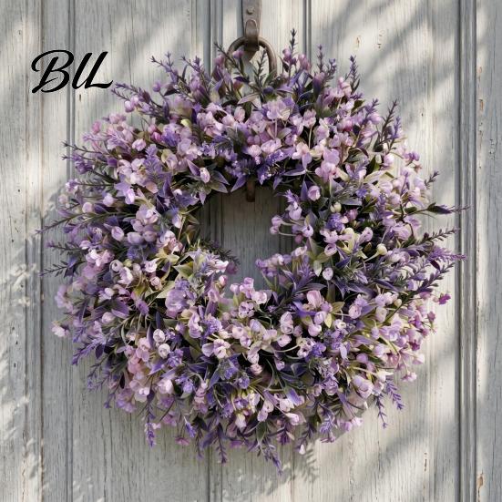 Décoration Lavande Fausse Couronne Artificielle pour Porte d'Entrée Printemps Été Arrangement de Fleurs Simulées Violettes Fausses Mur Intérieur Extérieur Porche Fenêtre