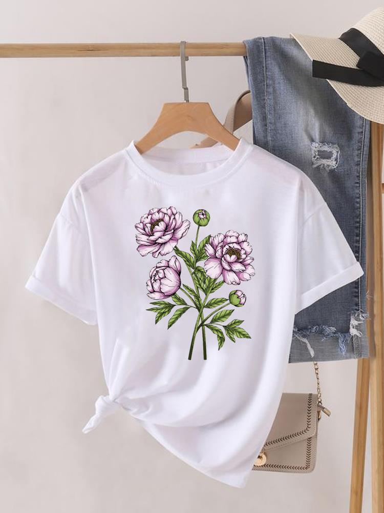 Kwiatek Słodki Trend lat 90. Uroczy Krótki Rękaw Nadruk Moda Graficzny T-shirt Kobiety Top Pani Damska Koszulka Tee Okrągły Dekolt Odzież Ubrania