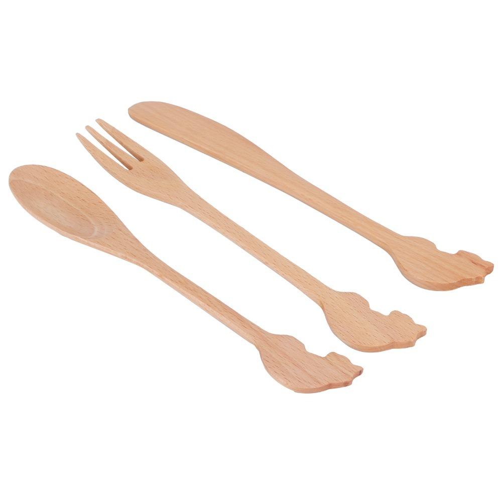 3Pcs Wood Grain Texture Tableware Set Solid Wood Dining Kit Utensil Pack  Table Decoration