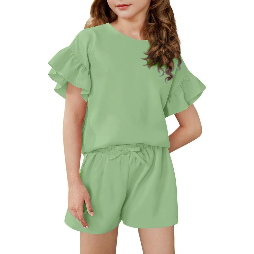 Girls' Summer Outfit Ruffle Sleeve Top And Shorts Clothing Set Lightweight Casual Two Piece