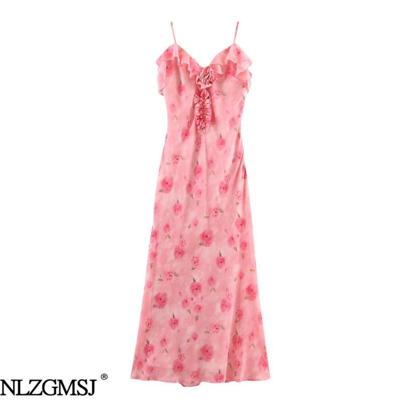 2026 Spring Ruffle Trim Spaghetti Strap Dress - European & American Vacation Style Small