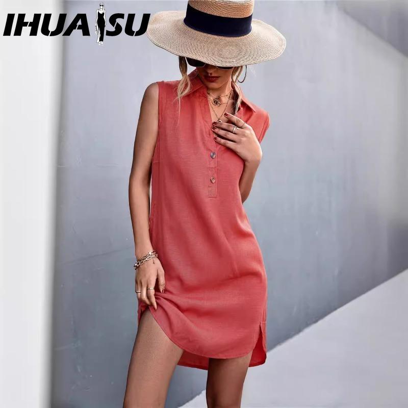 

IHUASU Женская Мода Лето Весна Однотонный Принт ПОЛО Воротник Завышенная Талия Повседневные Платья XXL кирпич красный