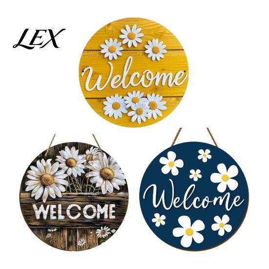 Hanging Sign with Hemp Rope Wooden Daisy Welcome for Front Door, Rustic Farmhouse Wall Decor Handmade House Rope, Wood Plaque Home Entrance