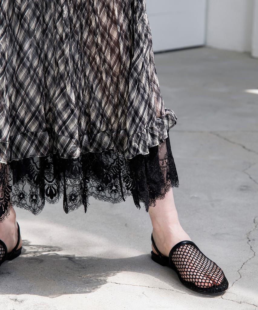 HYFVE Crinkle Check Lace Long Skirt