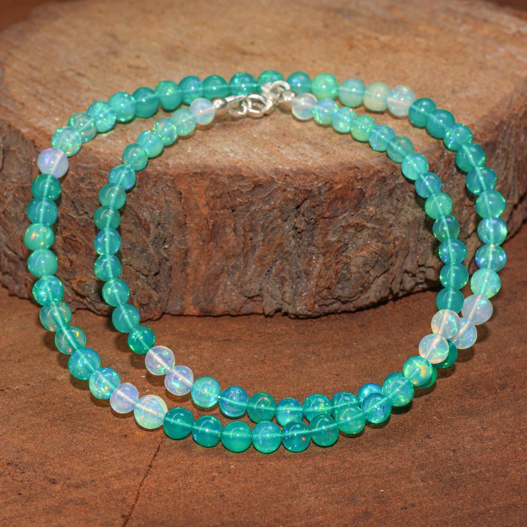 Genuine Green Shaded Opal Gemstone Beads Necklace, Natural Fire Opal Beaded Necklace, Handmade Necklace for Women, Birthstone Gift for Mom