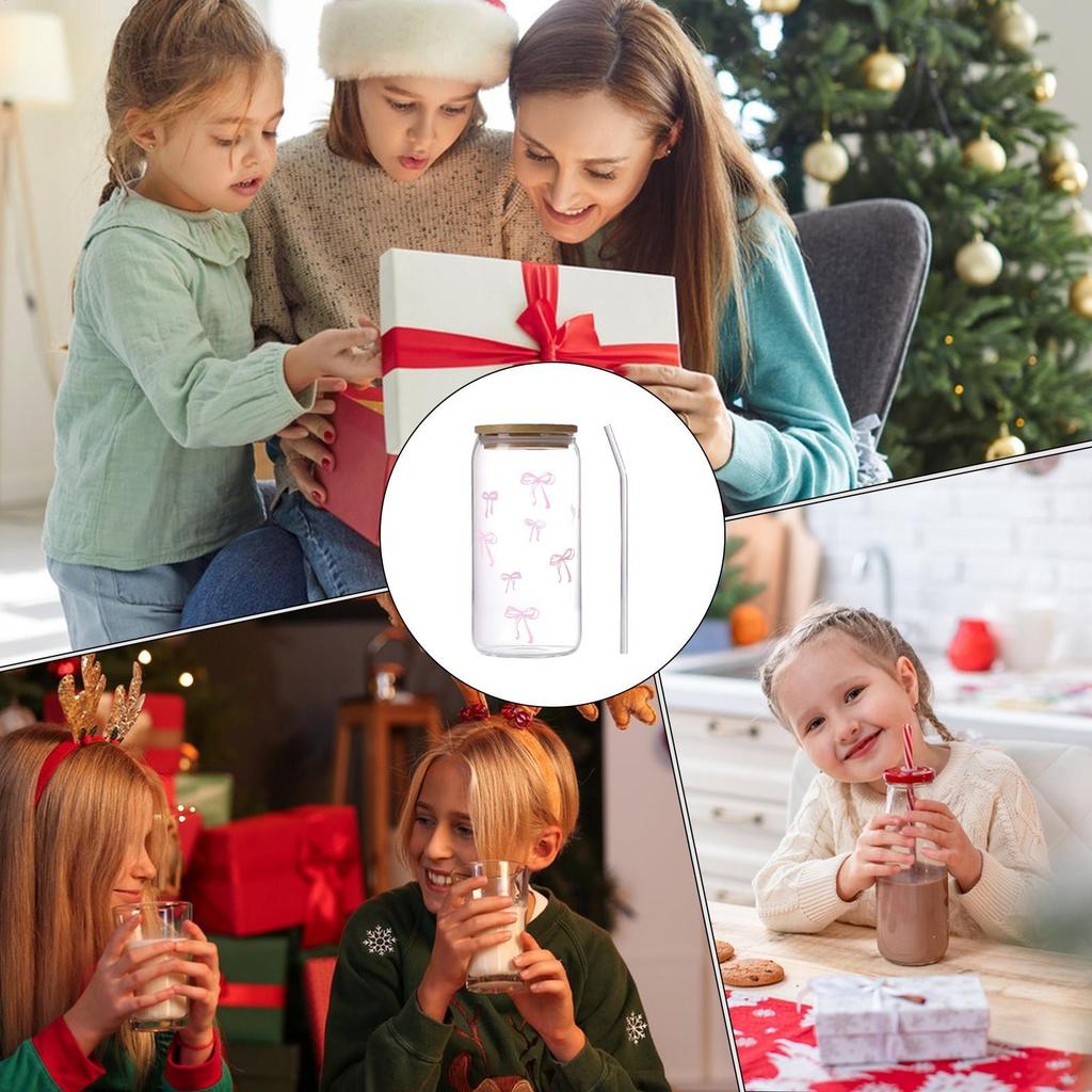 Transparent Glass Tumbler Pink Bow Flower Sticker Drink Juice Cup Suitable For Hot And Cold Drinks Bow Tie Straw Cup