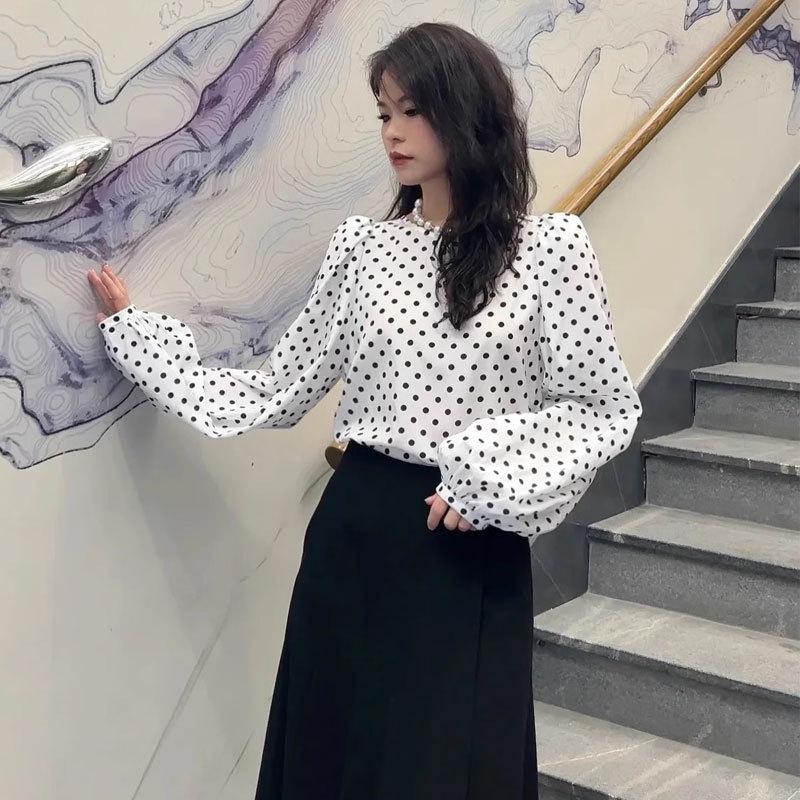 Mall 1116 Women's Spring and Autumn Versatile Age Reduction Polka Dot Crew Neck Bubble Sleeve Long Sleeve Shirt 1111118