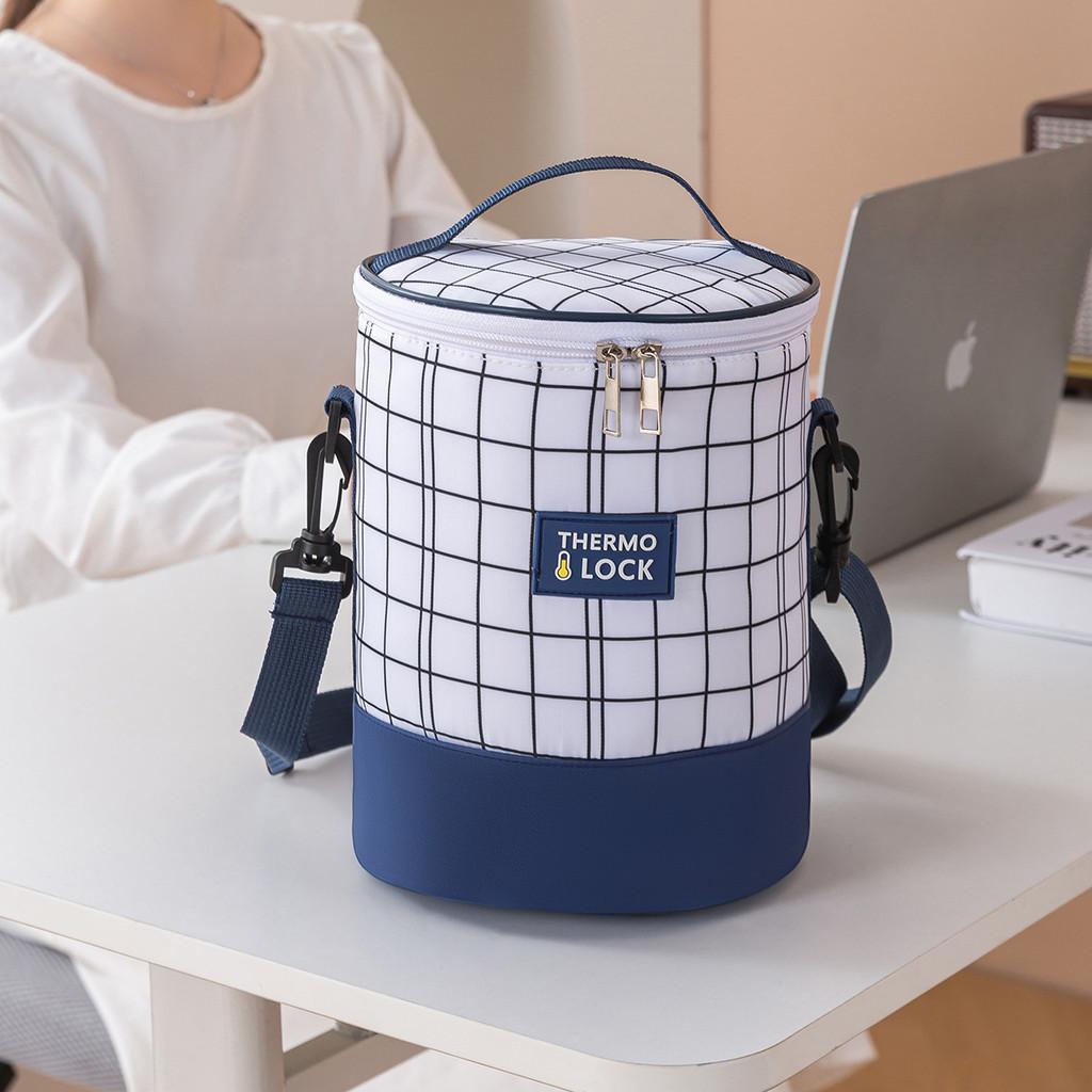 Simple Cylindrical Heat Preservation Bento Bag With Grid Design And Letter Print