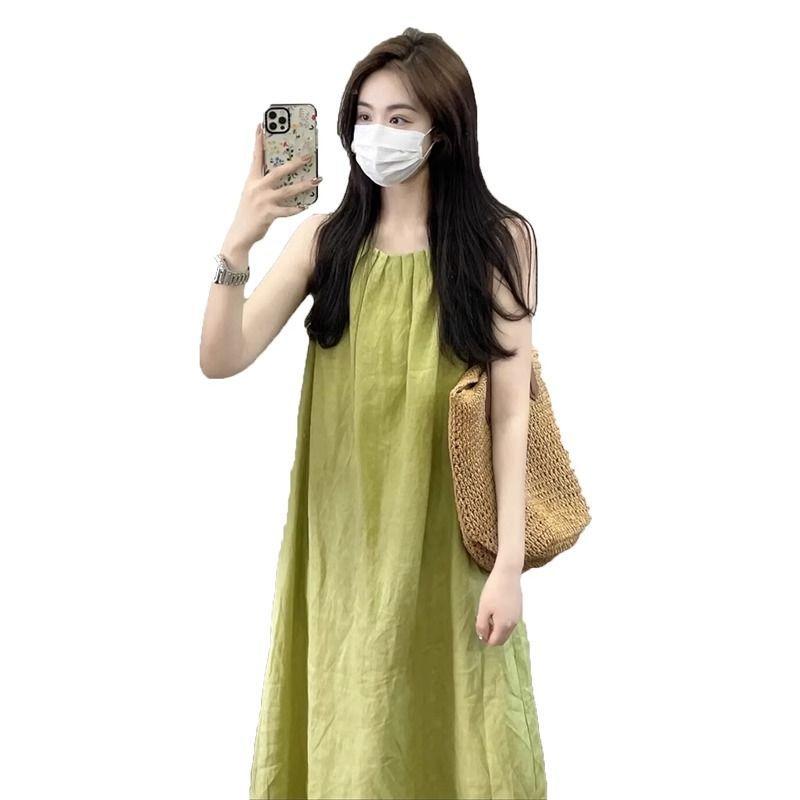 French Green Sleeveless Loose and Thin Drape Vest Dress Summer New Chubby Girl Wear