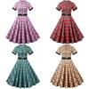 New Casual Short-sleeved Suit Collar Slim-fitting Retro Plaid Print Dress with Belt