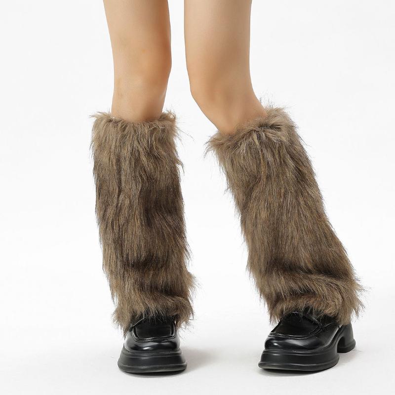 Western Cowboy Style Furry Leg Warmers Brown Retro Hot Girl Faux Fur Sock Covers Long Hair Boot Socks Warm