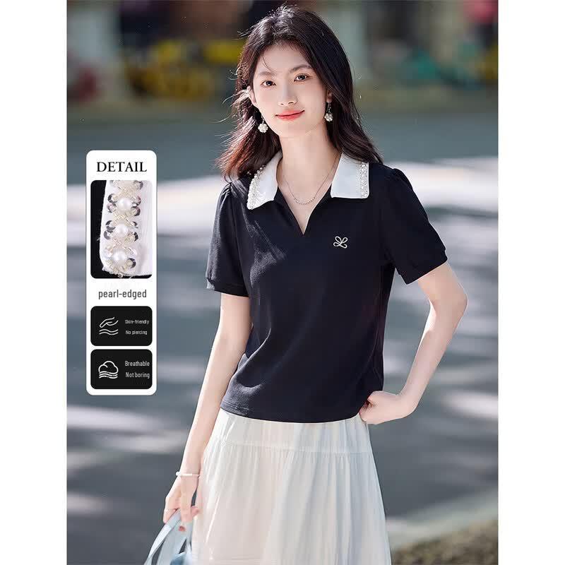 

Xinfeiyu Black & White Splice Embroidered Polo T-Shirt L