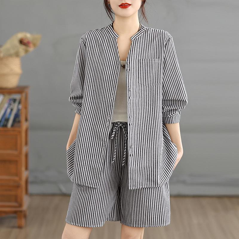 Women s Summer 2026 Casual Striped Shirt & Shorts Set M