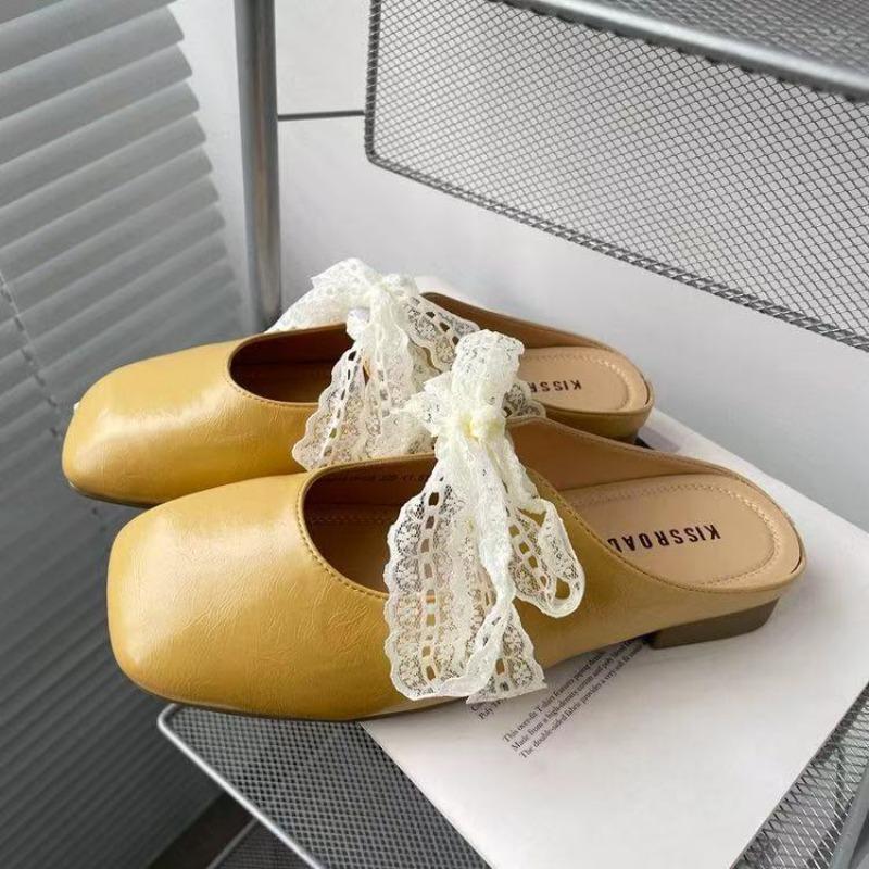 Lace bow half slippers women's spring and summer new outer wear silver thick heel soft leather shoes bag head slippers
