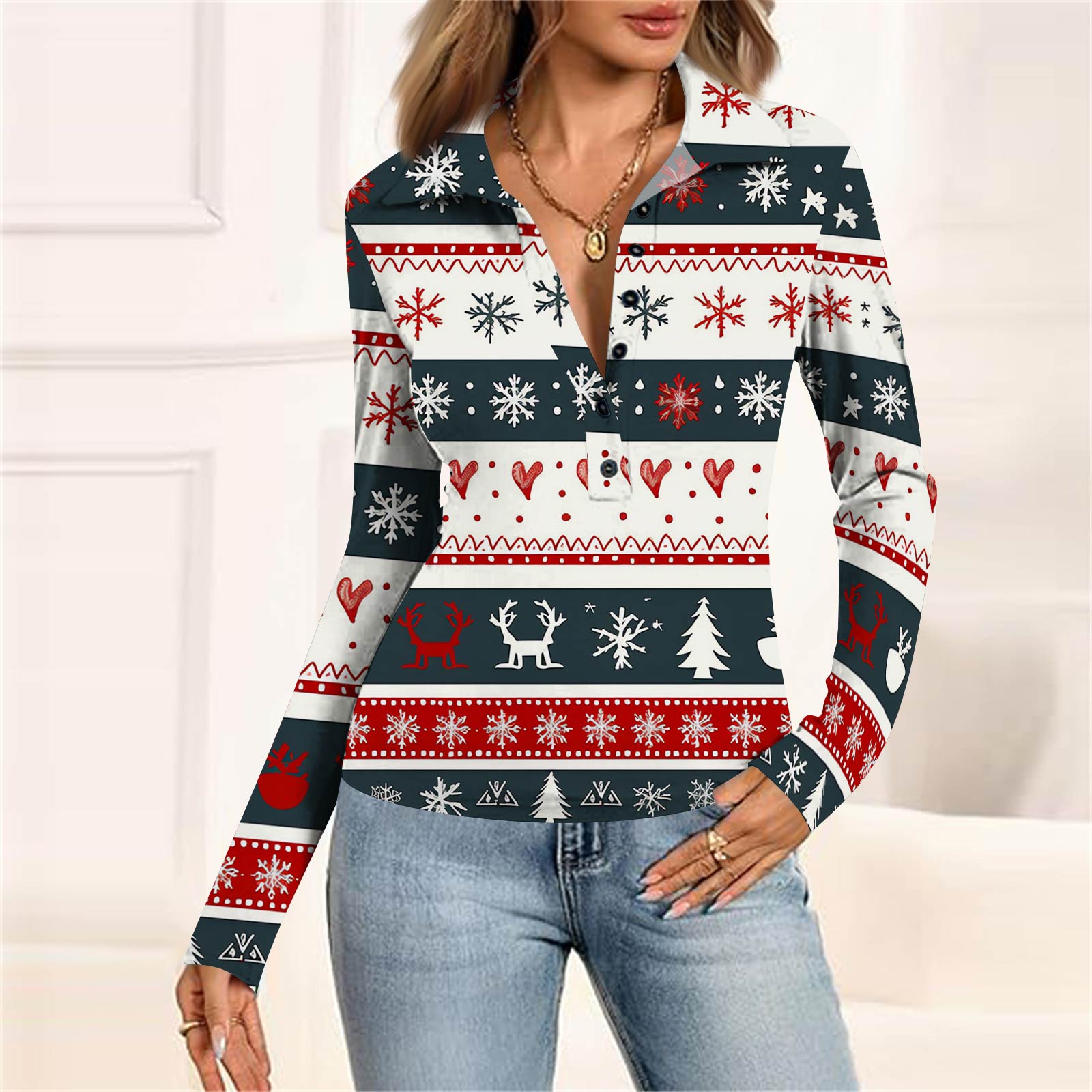 

Женская мода Повседневный принт V-образный вырез Длинный рукав Застегивающаяся на пуговицы блузка XL тёмно-синий