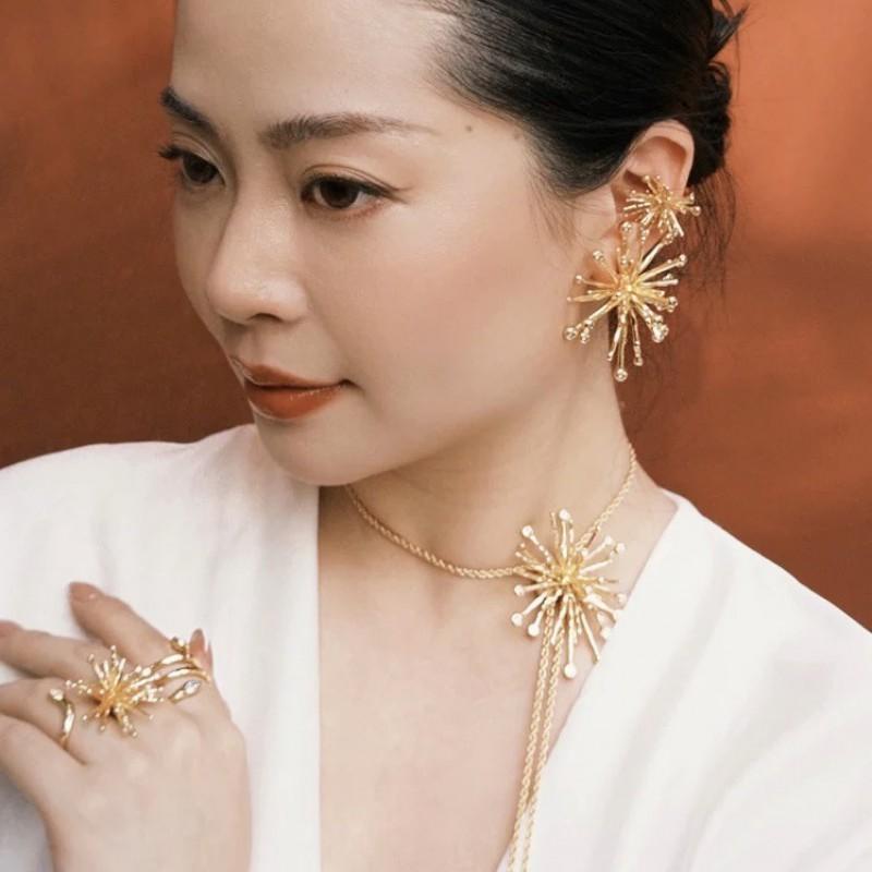 Elegant Dandelion Drop Earrings Necklace Set Women Gold Plated Copper Posts French Minimalist Style