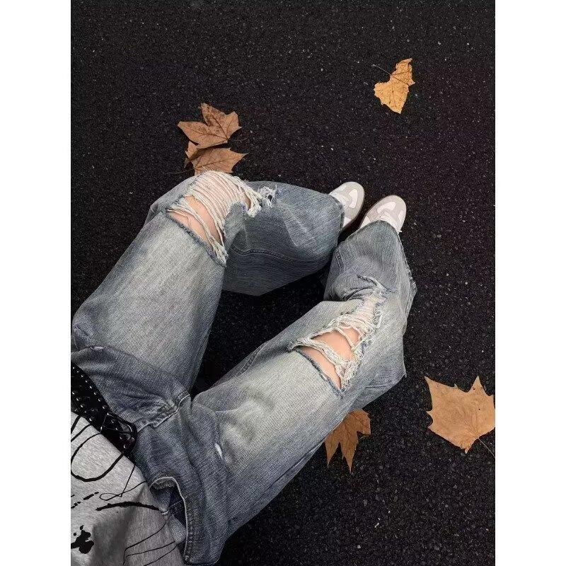 New American high street washing water, old ripped jeans, men's and women's trendy brand loose scimitar pants